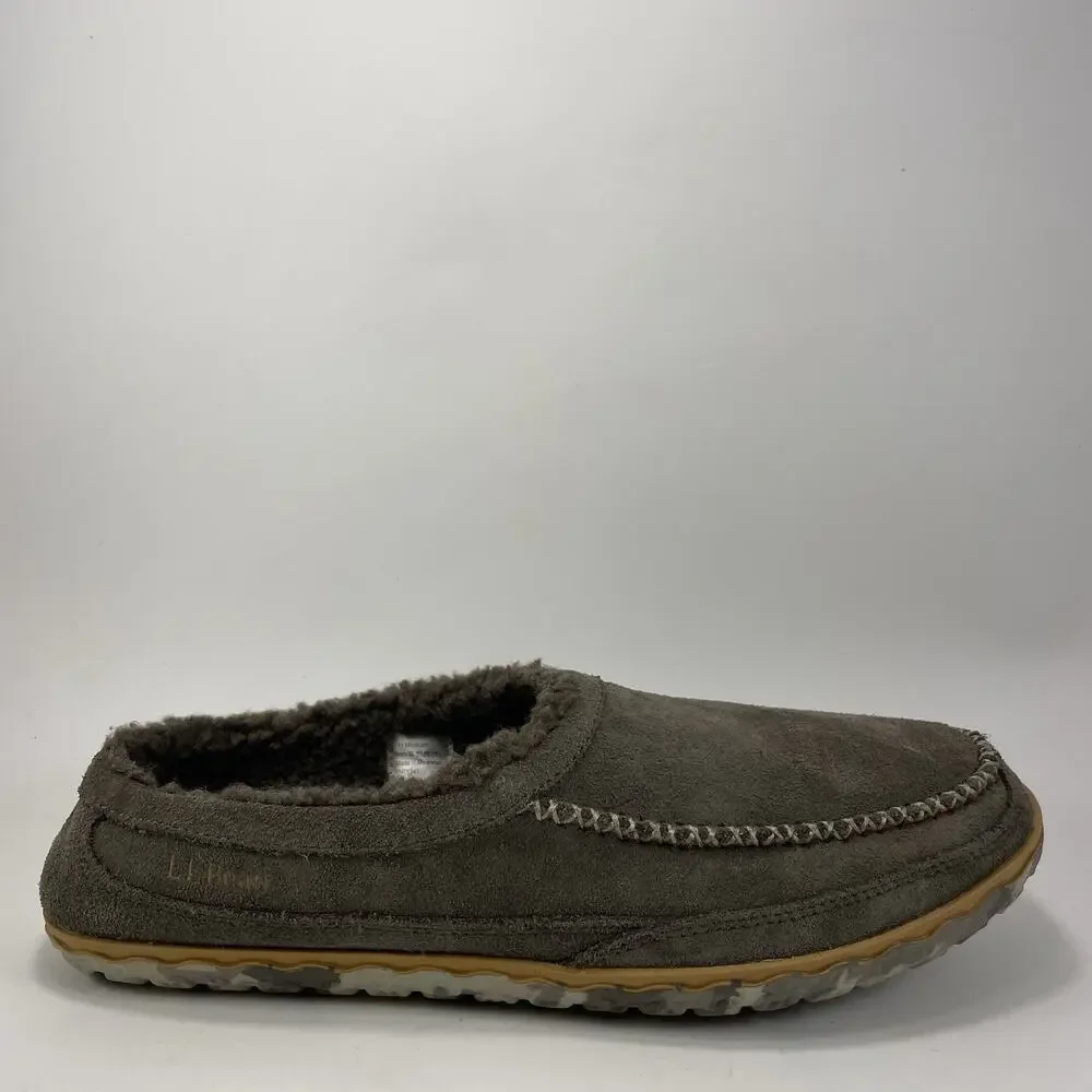 L.L. Bean Mountain Slipper Scuffs Mens Size 11 Gray Brown Suede Fleece Lining